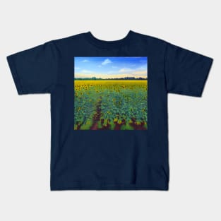 Sunflower field and blue sky with clouds Kids T-Shirt